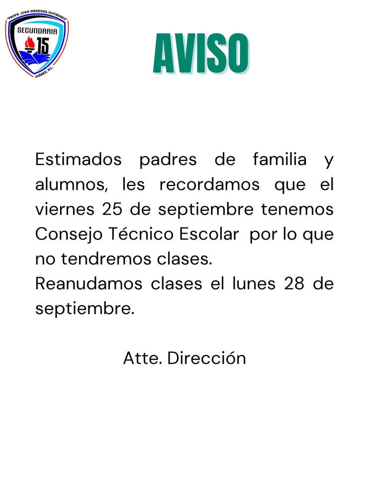 Aviso pegado con cinta adhesiva que informa la suspensión de clases por Consejo Técnico Escolar el viernes 25 de septiembre.